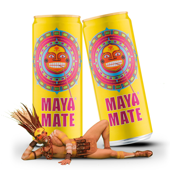 In front of two yellow cans of Maya Mate lies a man with a headdress and dressed like a Maya chief.