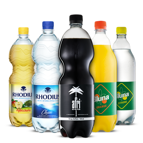 Various Petcycle bottles with 1 l of RHODIUS, afri Cola and Bluna stand next to each other.